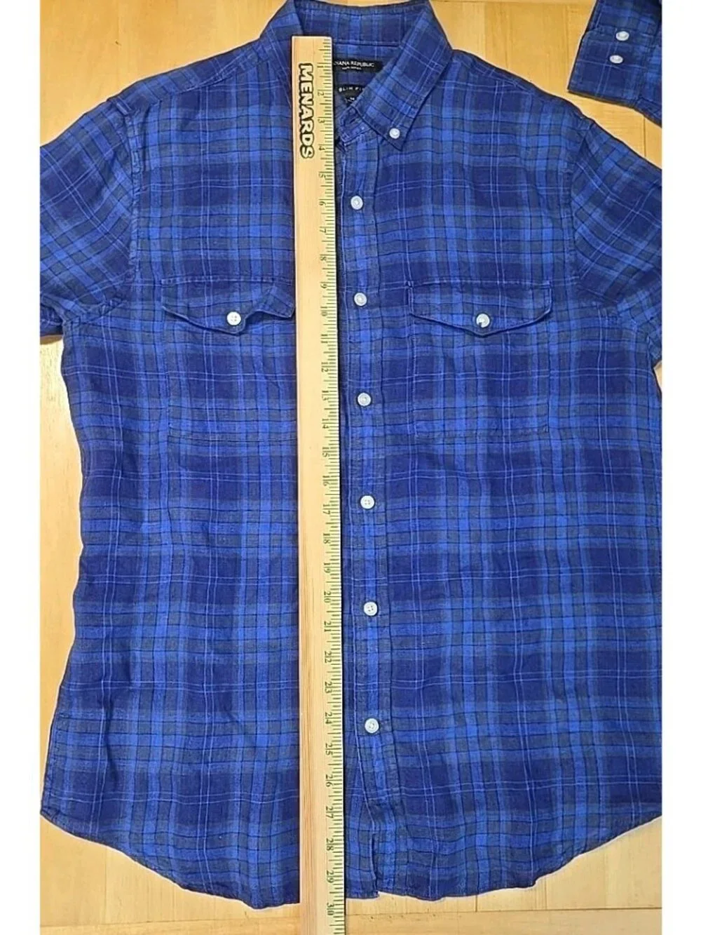 Banana Republic 100% Linen Shirt Mens Size Medium Slim Fit Blue Plaid